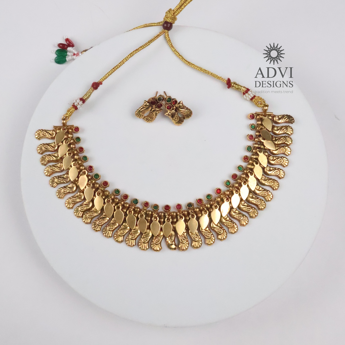 Antique Gold Peacock Leaf Necklace with Ruby & Emerald Stone Accents