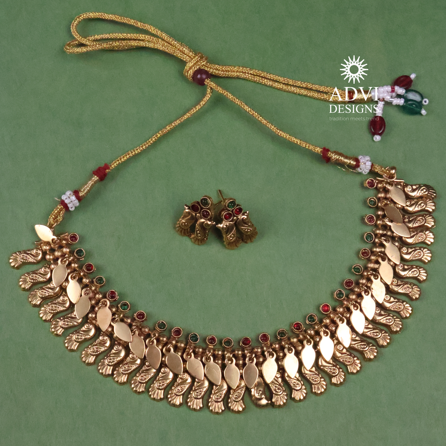Antique Gold Peacock Leaf Necklace with Ruby & Emerald Stone Accents