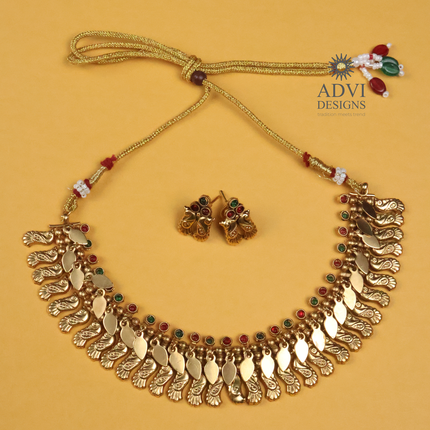 Antique Gold Peacock Leaf Necklace with Ruby & Emerald Stone Accents