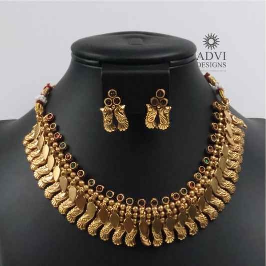 Antique Gold Peacock Leaf Necklace with Ruby & Emerald Stone Accents