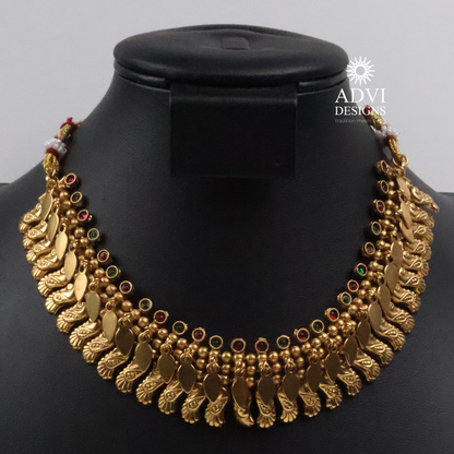 Antique Gold Peacock Leaf Necklace with Ruby & Emerald Stone Accents