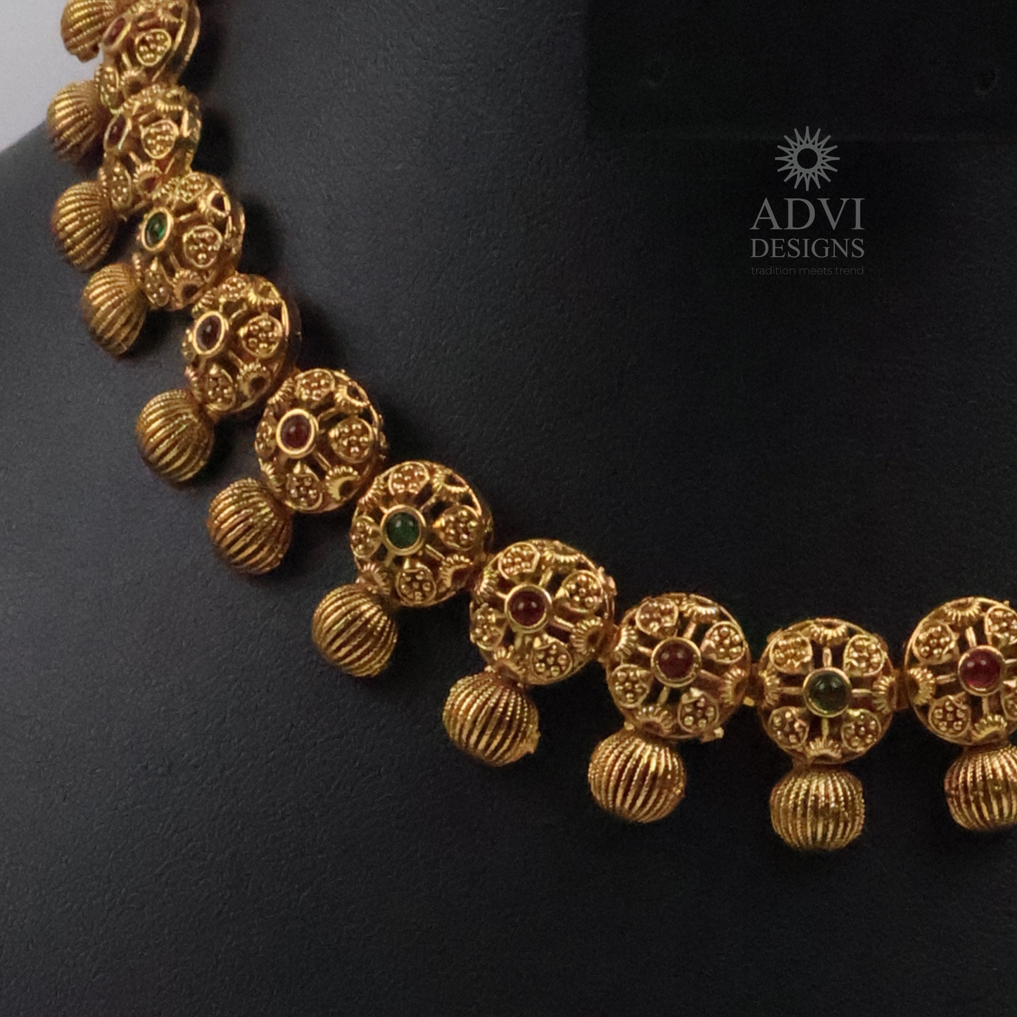 Antique Gold Floral Disc Necklace Set with Ruby & Emerald Stone Accents