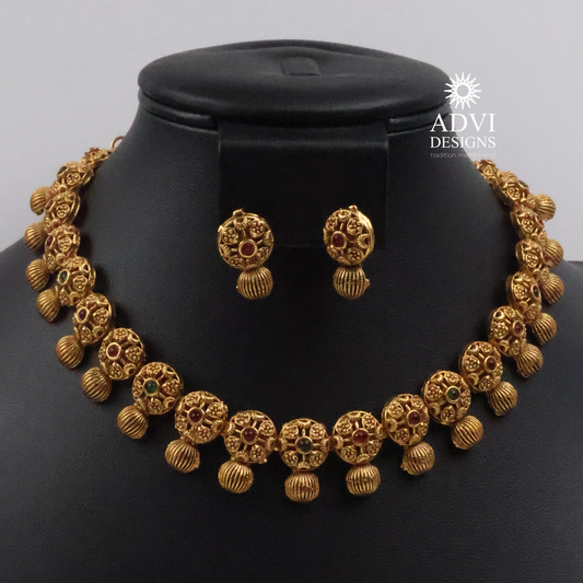 Antique Gold Floral Disc Necklace Set with Ruby & Emerald Stone Accents