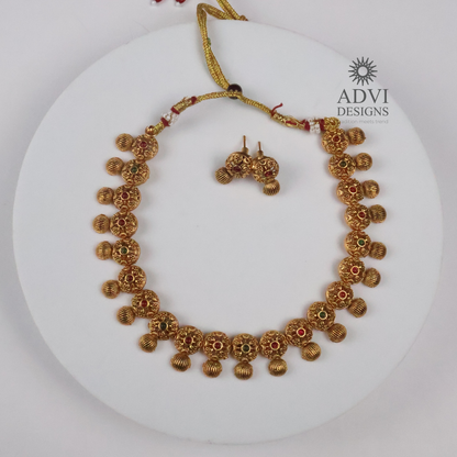 Antique Gold Floral Disc Necklace Set with Ruby & Emerald Stone Accents