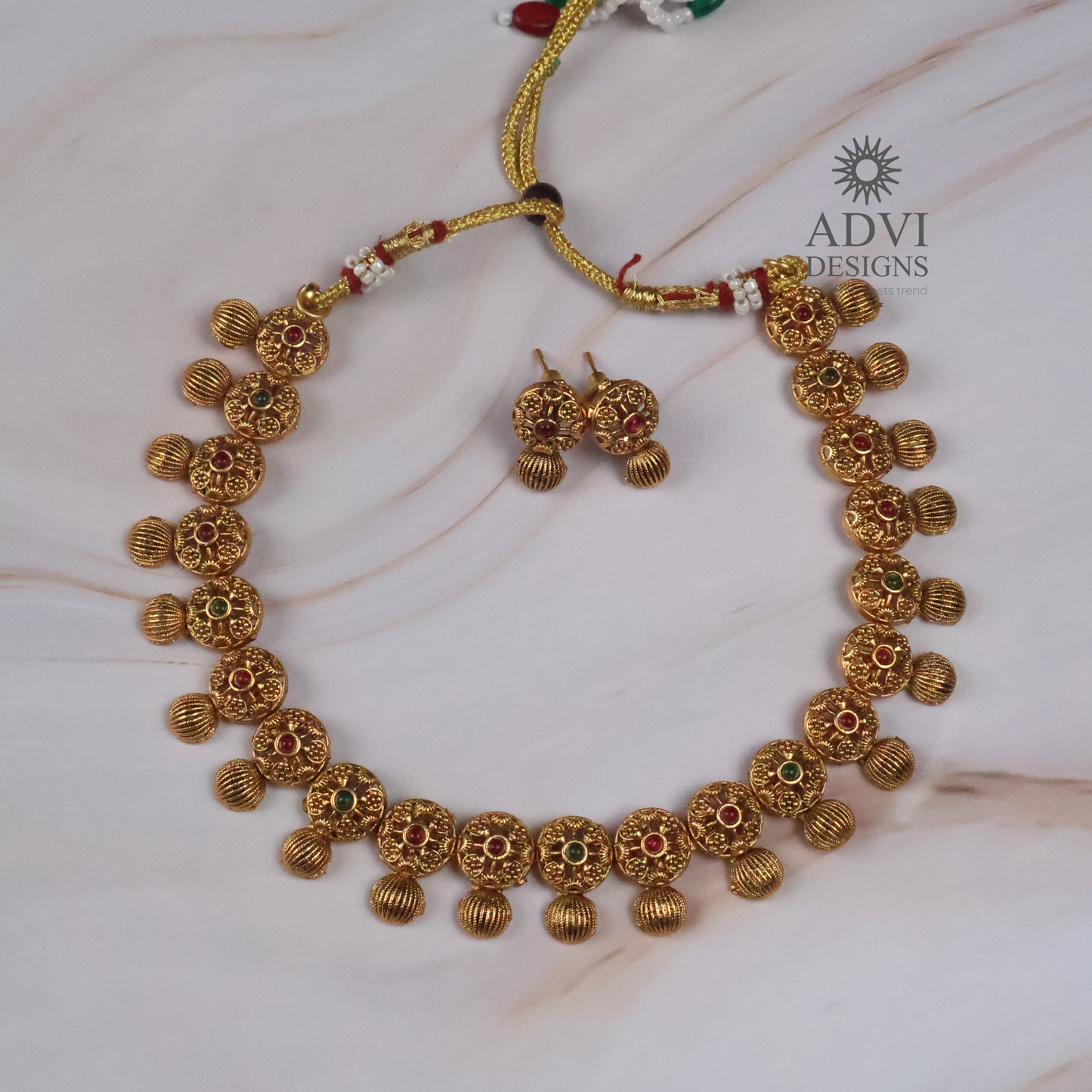 Antique Gold Floral Disc Necklace Set with Ruby & Emerald Stone Accents