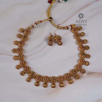 Antique Gold Floral Disc Necklace Set with Ruby & Emerald Stone Accents