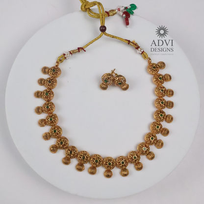 Antique Gold Floral Disc Necklace Set with Emerald Stone Accents