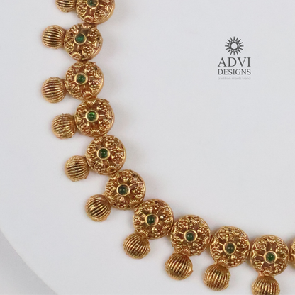 Antique Gold Floral Disc Necklace Set with Emerald Stone Accents