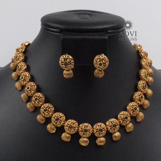 Antique Gold Floral Disc Necklace Set with Emerald Stone Accents
