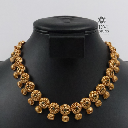 Antique Gold Floral Disc Necklace Set with Emerald Stone Accents