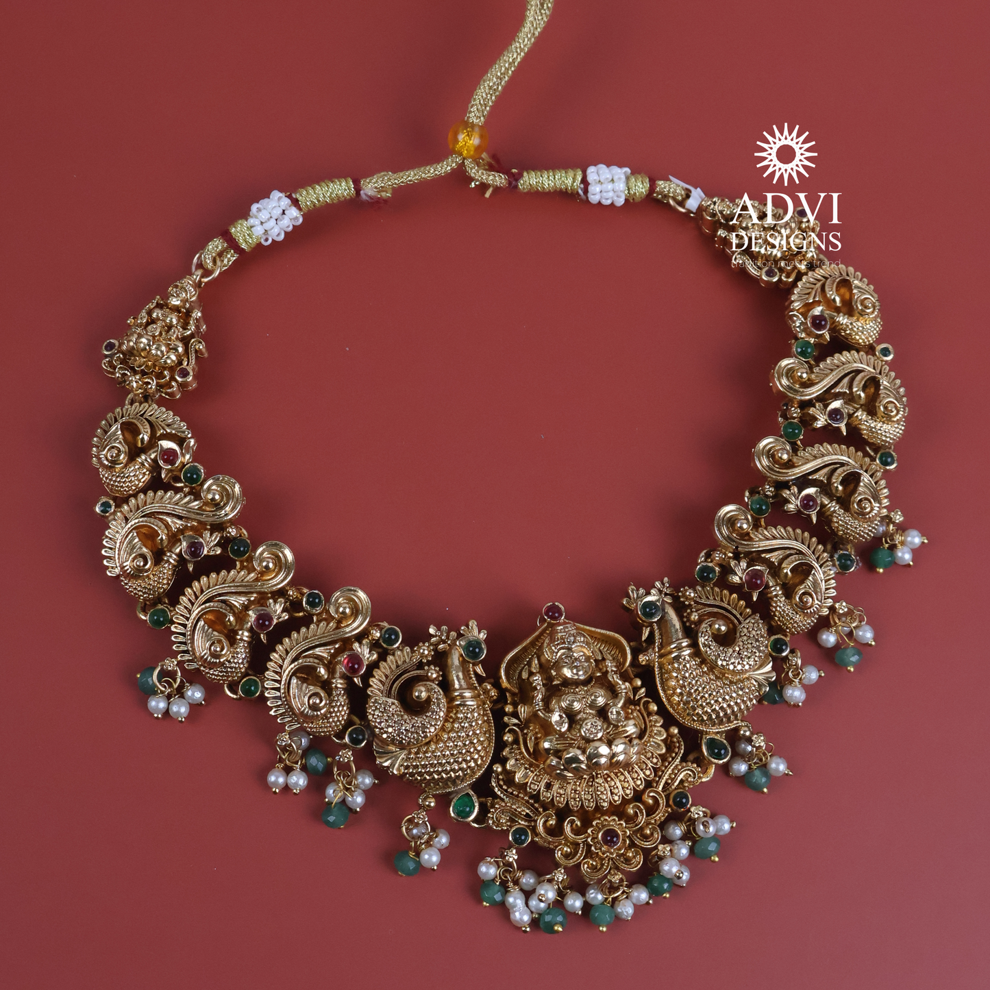 Antique Gold Lakshmi Peacock Temple Necklace Set with Green & Ruby Stone Accents