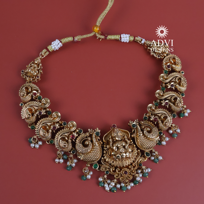 Antique Gold Lakshmi Peacock Temple Necklace Set with Green & Ruby Stone Accents