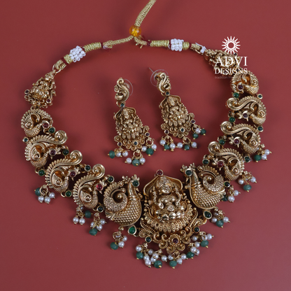 Antique Gold Lakshmi Peacock Temple Necklace Set with Green & Ruby Stone Accents