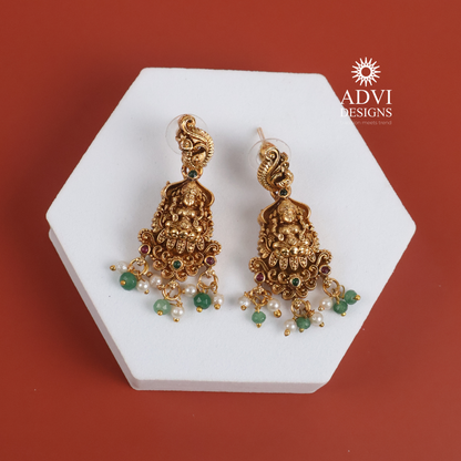 Antique Gold Lakshmi Peacock Temple Necklace Set with Green & Ruby Stone Accents