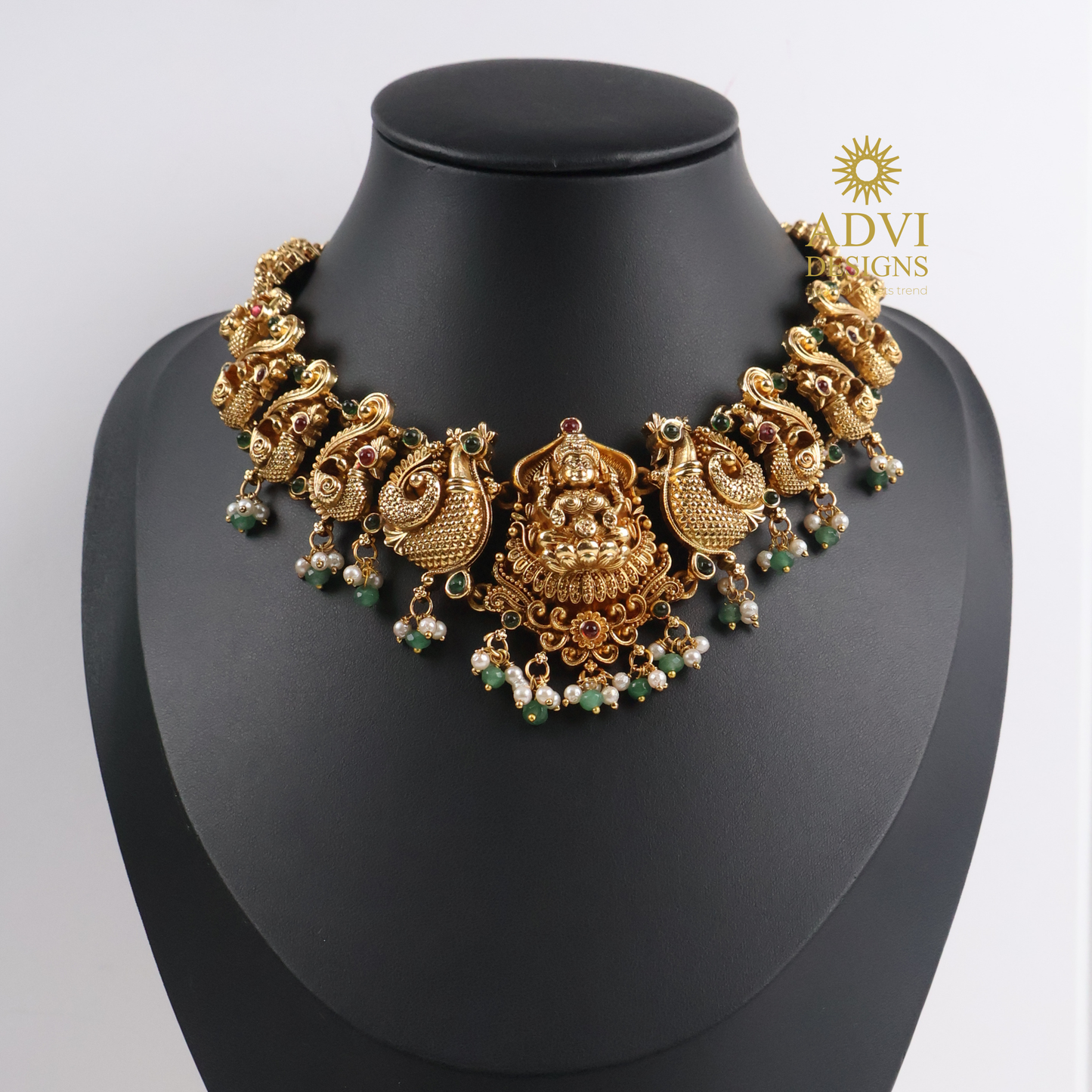 Antique Gold Lakshmi Peacock Temple Necklace Set with Green & Ruby Stone Accents