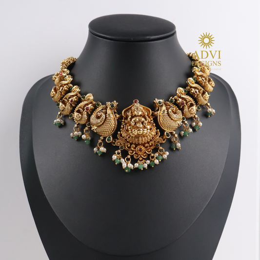 Antique Gold Lakshmi Peacock Temple Necklace Set with Green & Ruby Stone Accents