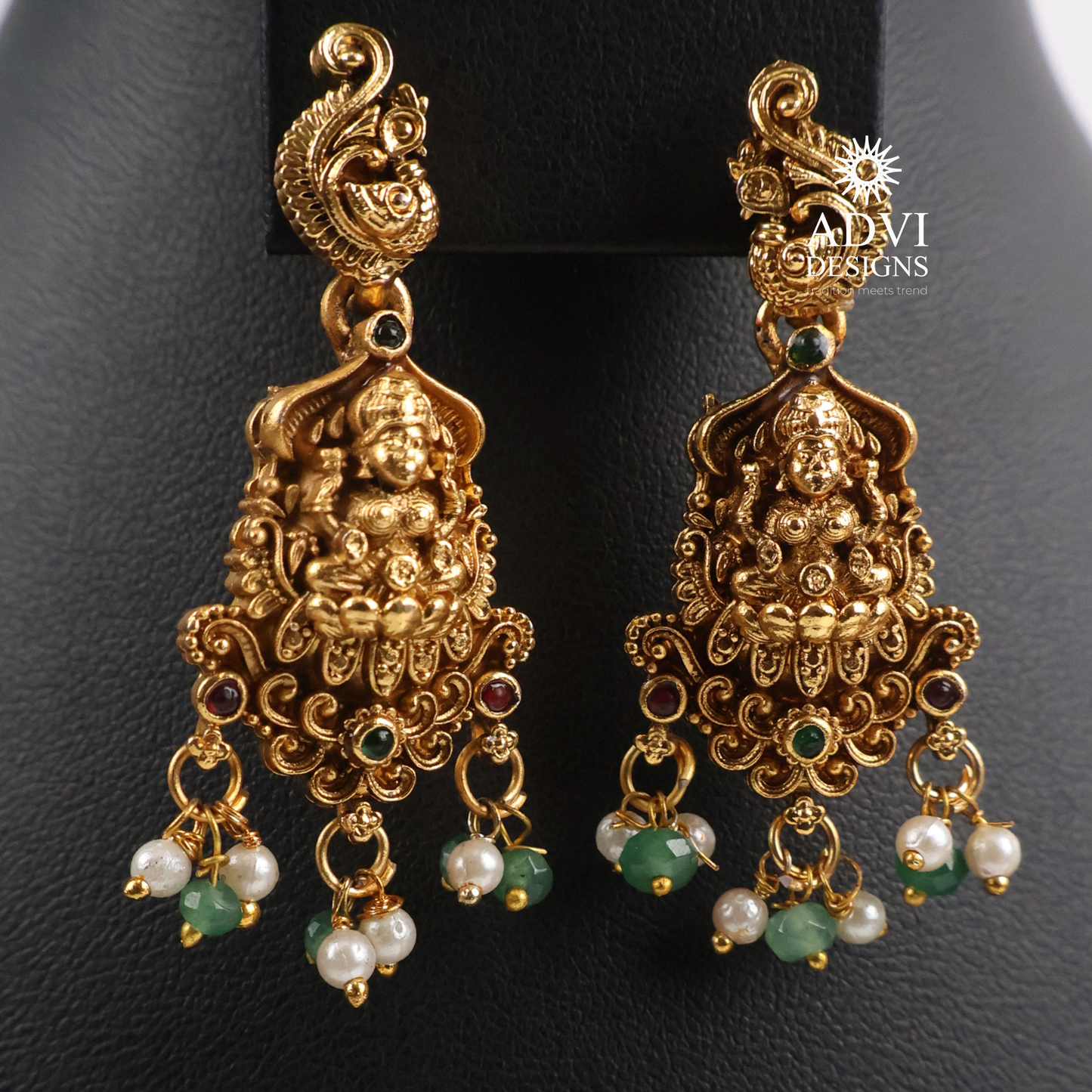 Antique Gold Lakshmi Peacock Temple Necklace Set with Green & Ruby Stone Accents