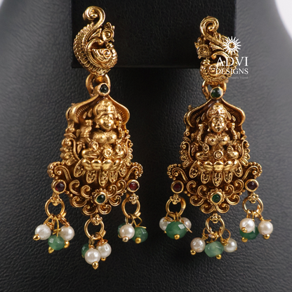 Antique Gold Lakshmi Peacock Temple Necklace Set with Green & Ruby Stone Accents