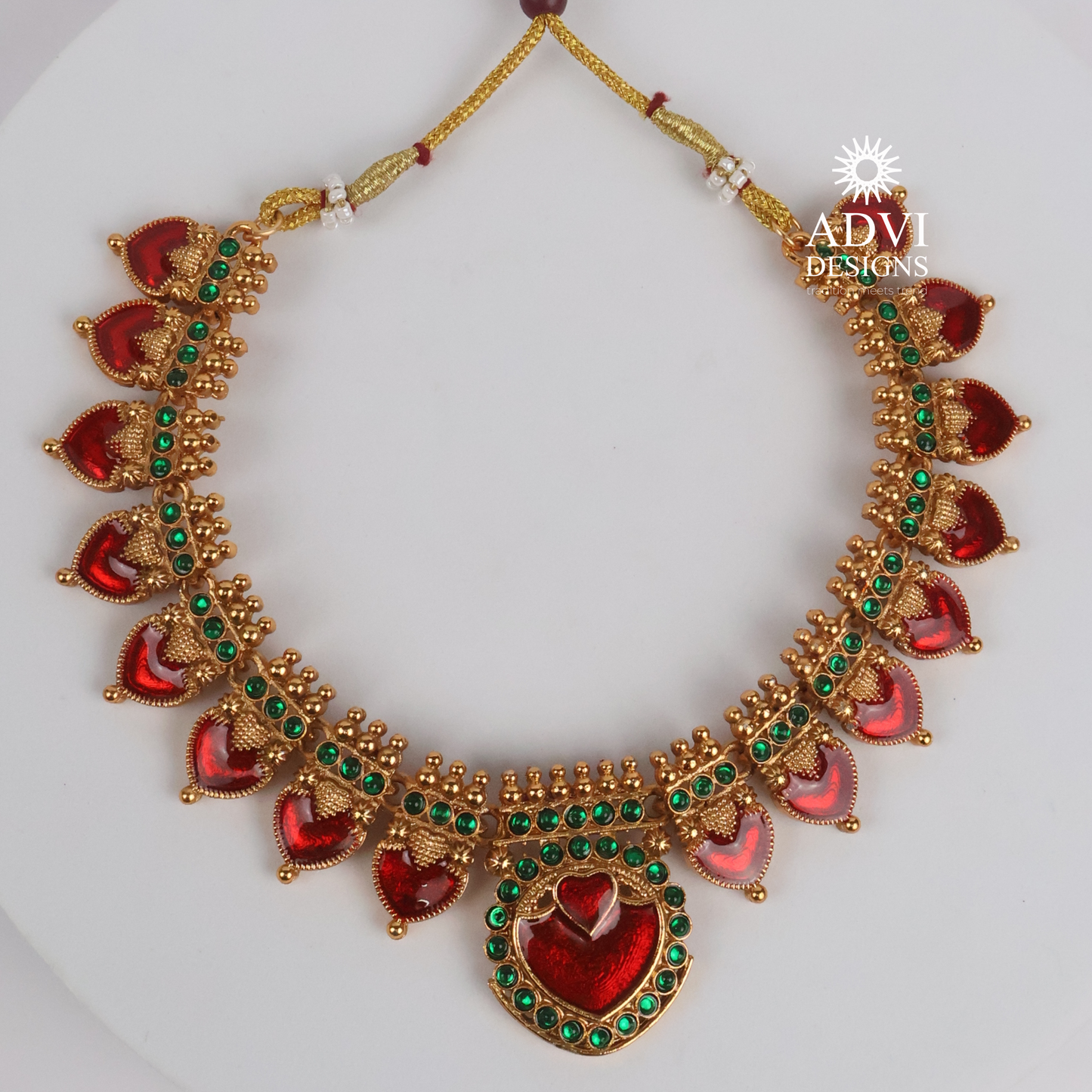 Antique Gold Ruby Heart Statement Necklace Set with Emerald Green Stone Accents