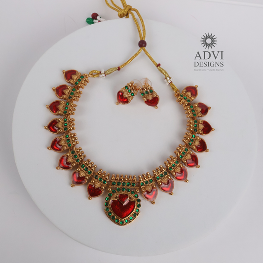 Antique Gold Ruby Heart Statement Necklace Set with Emerald Green Stone Accents