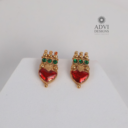 Antique Gold Ruby Heart Statement Necklace Set with Emerald Green Stone Accents
