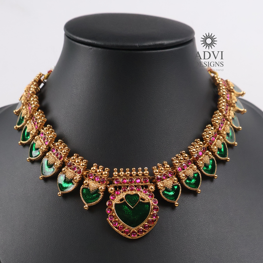 Antique Gold Emerald Heart Statement Necklace Set with Ruby Pink Stone Accents