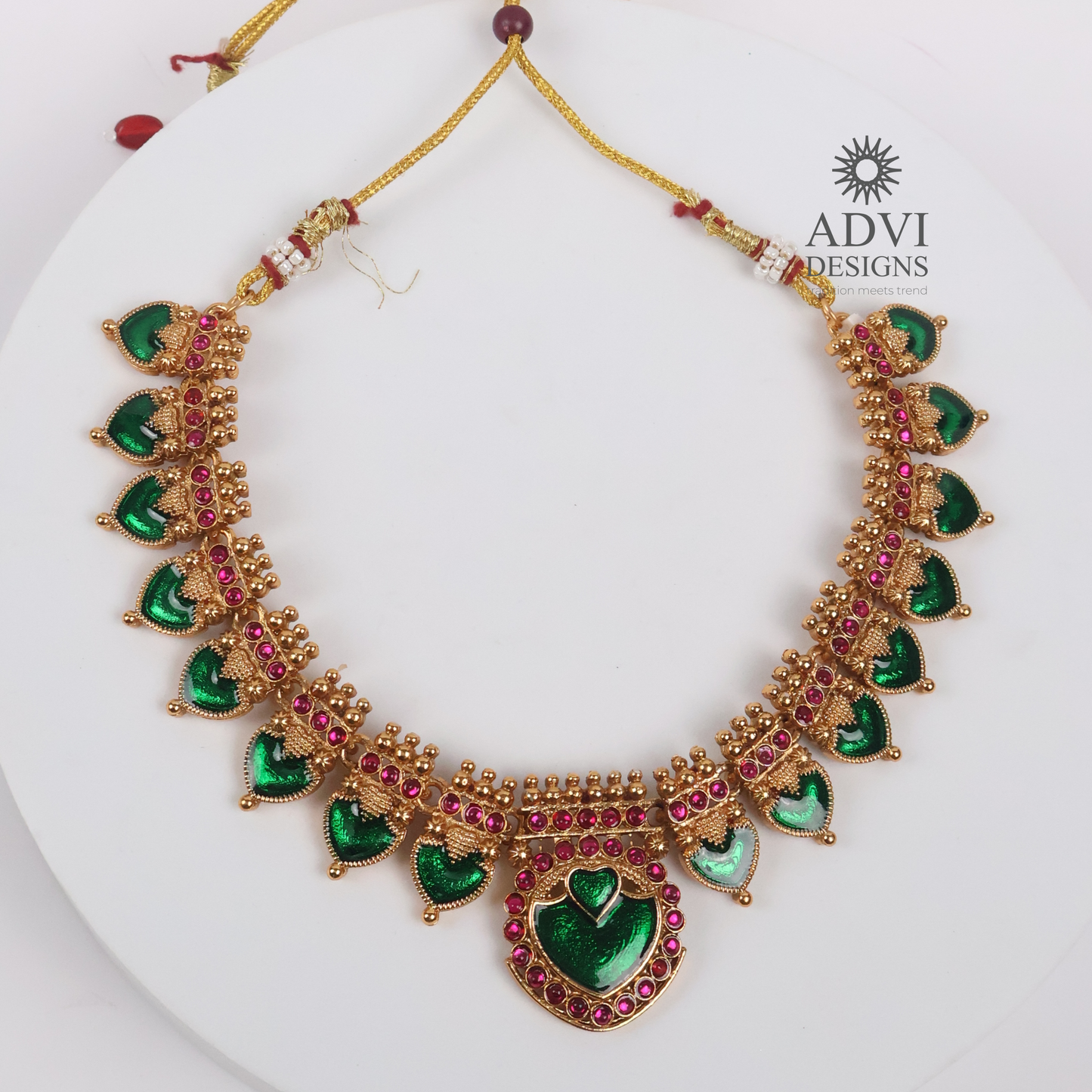 Antique Gold Emerald Heart Statement Necklace Set with Ruby Pink Stone Accents
