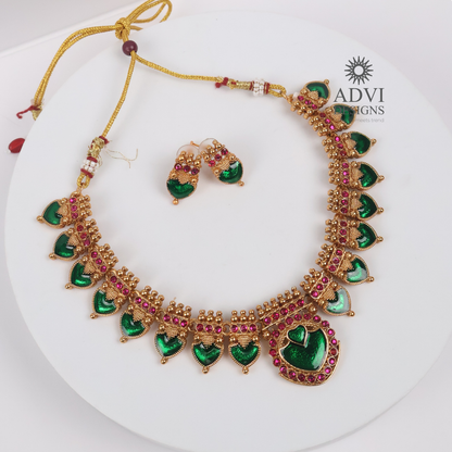 Antique Gold Emerald Heart Statement Necklace Set with Ruby Pink Stone Accents
