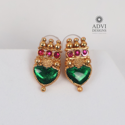 Antique Gold Emerald Heart Statement Necklace Set with Ruby Pink Stone Accents