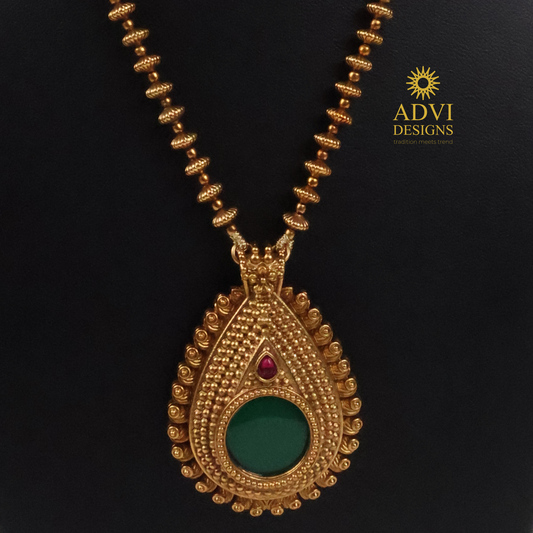 Antique Gold Green Stone Long Pendant Necklace Set