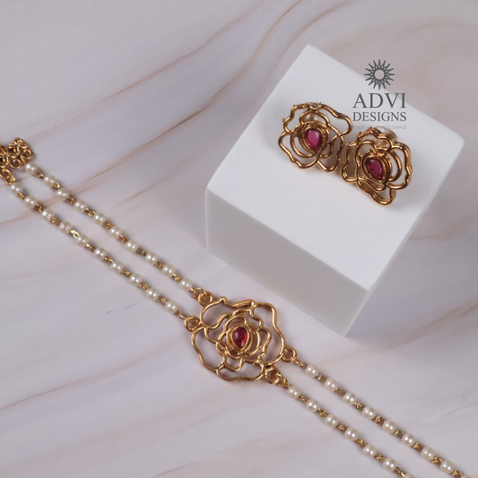 Antique Gold Floral Pearl Chain Necklace Set with Ruby Pink Stone