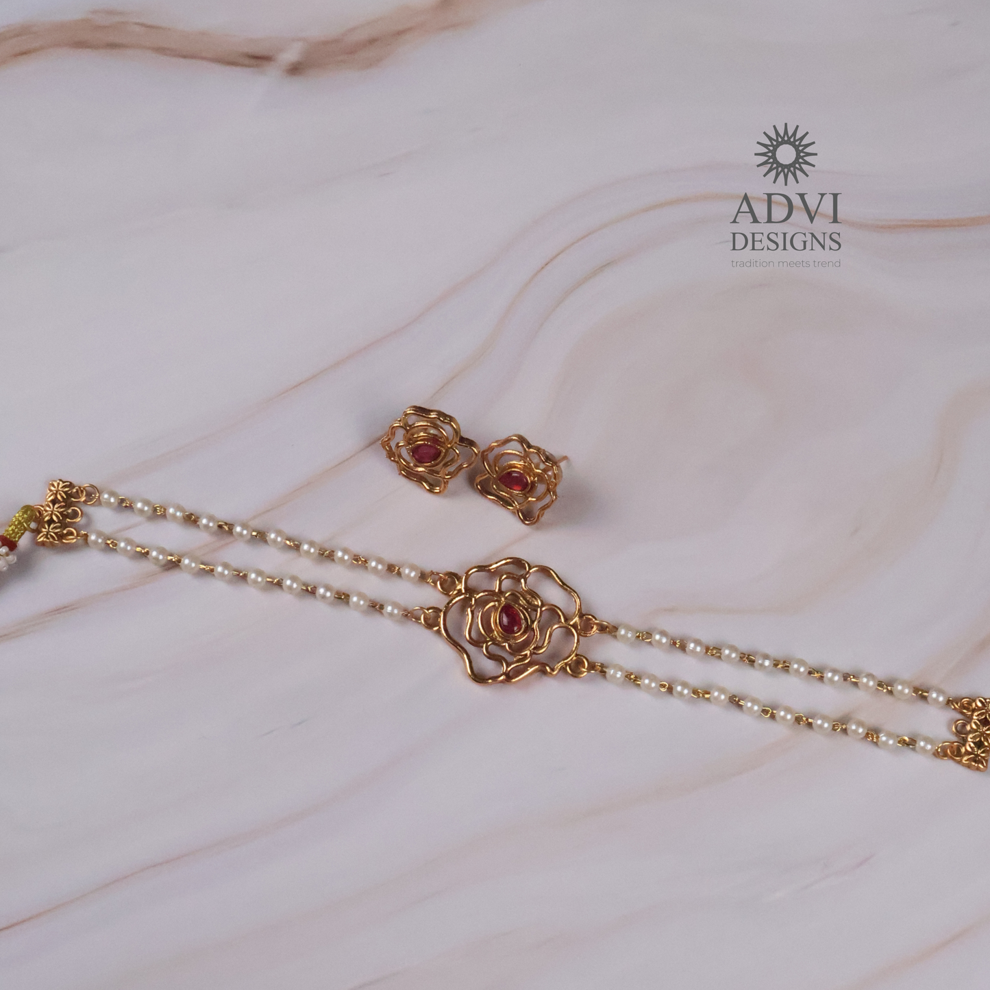 Antique Gold Floral Pearl Chain Necklace Set with Ruby Pink Stone