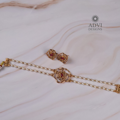 Antique Gold Floral Pearl Chain Necklace Set with Ruby Pink Stone