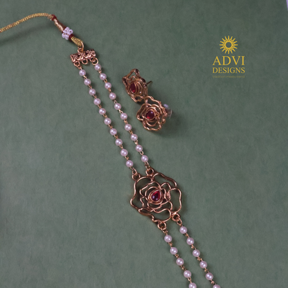 Antique Gold Floral Pearl Chain Necklace Set with Ruby Pink Stone