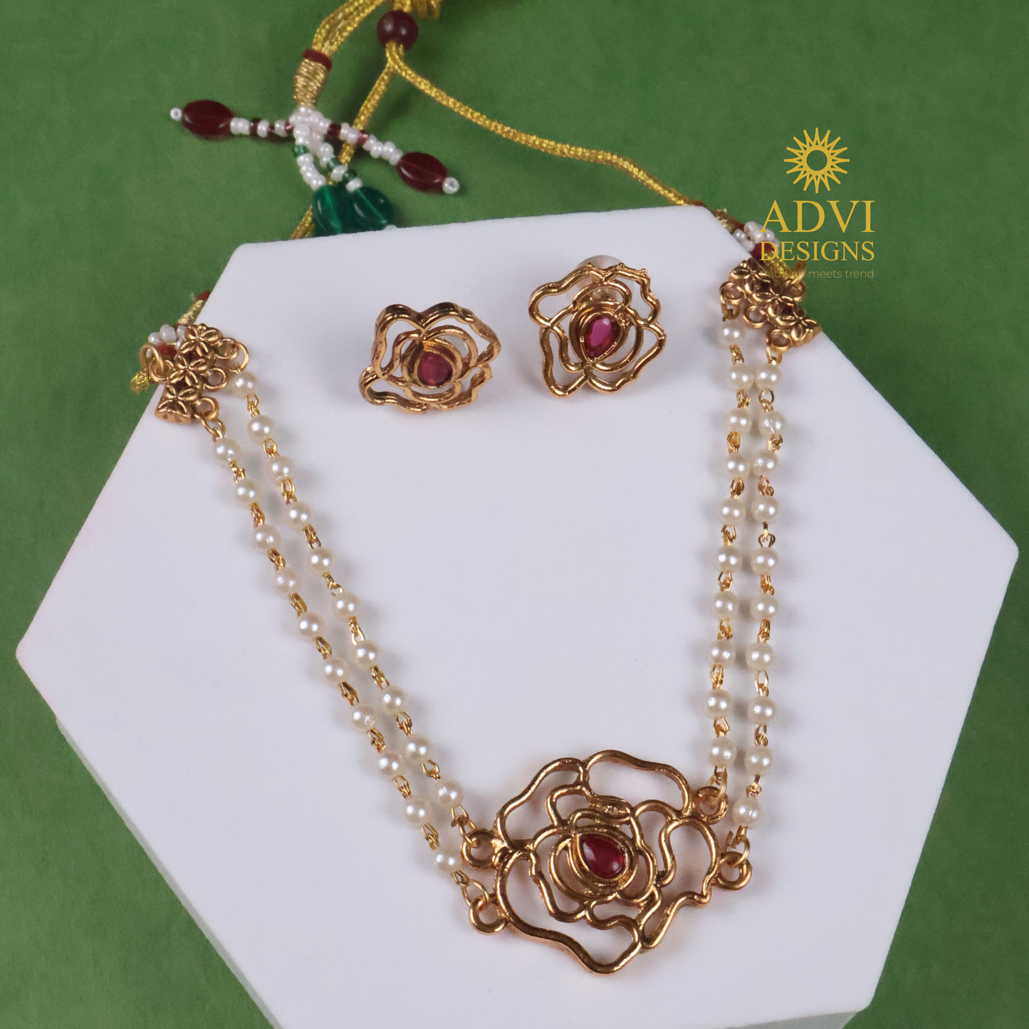 Antique Gold Floral Pearl Chain Necklace Set with Ruby Pink Stone