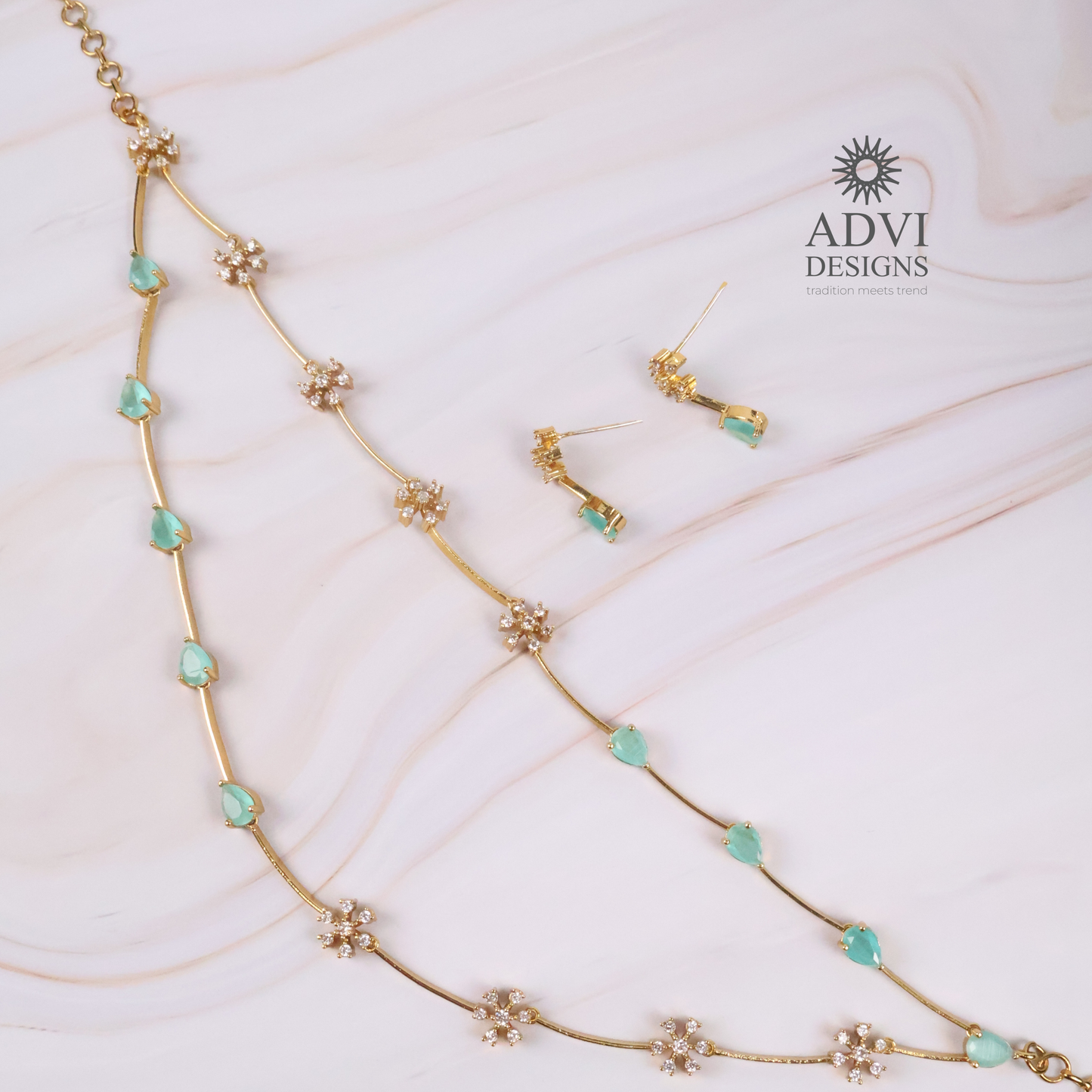 Dual Layer Aqua Blue AD Stone Floral Necklace Set with Matching Earrings