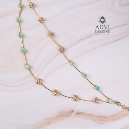 Dual Layer Aqua Blue AD Stone Floral Necklace Set with Matching Earrings