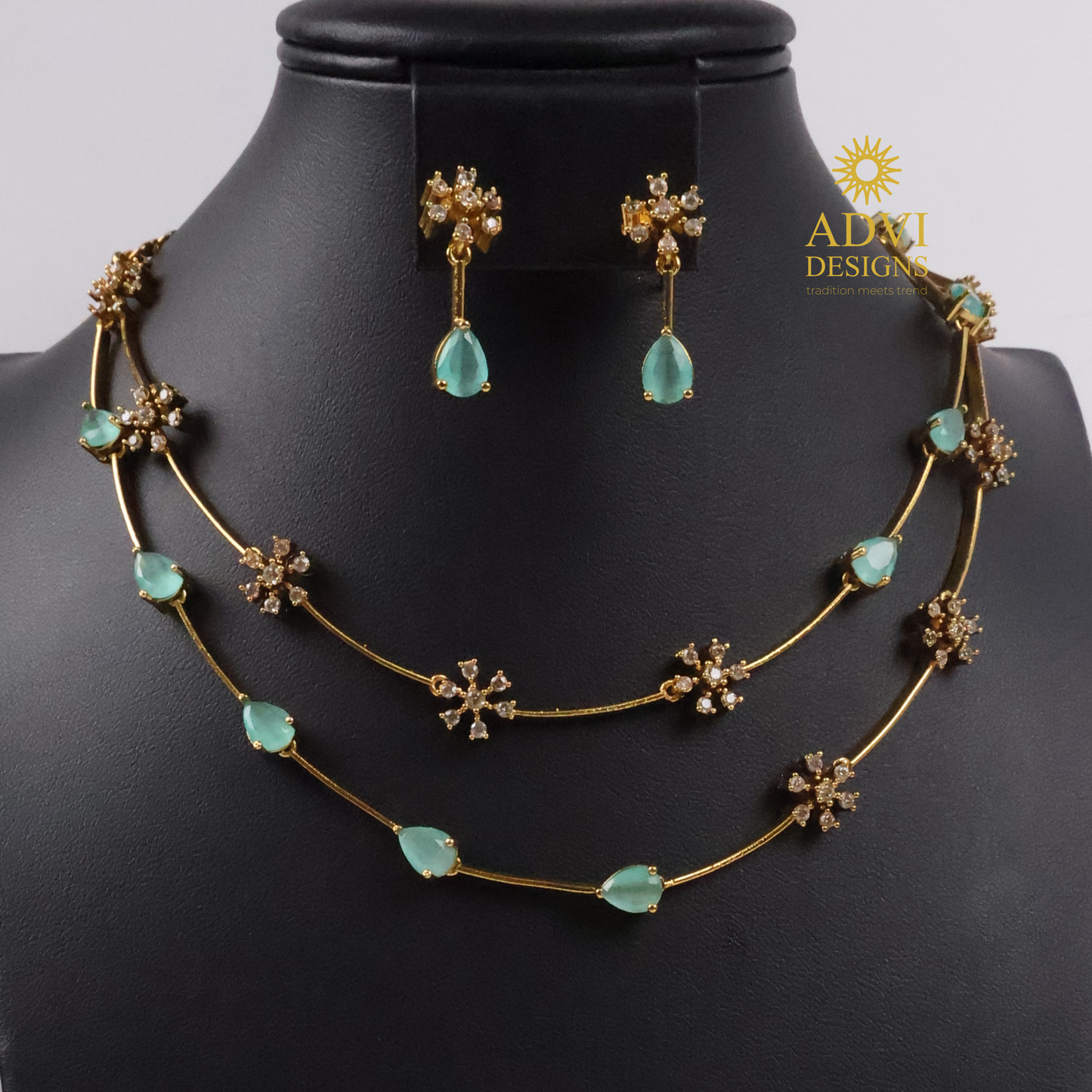 Dual Layer Aqua Blue AD Stone Floral Necklace Set with Matching Earrings