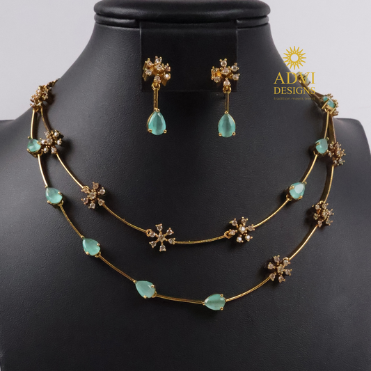 Dual Layer Aqua Blue AD Stone Floral Necklace Set with Matching Earrings