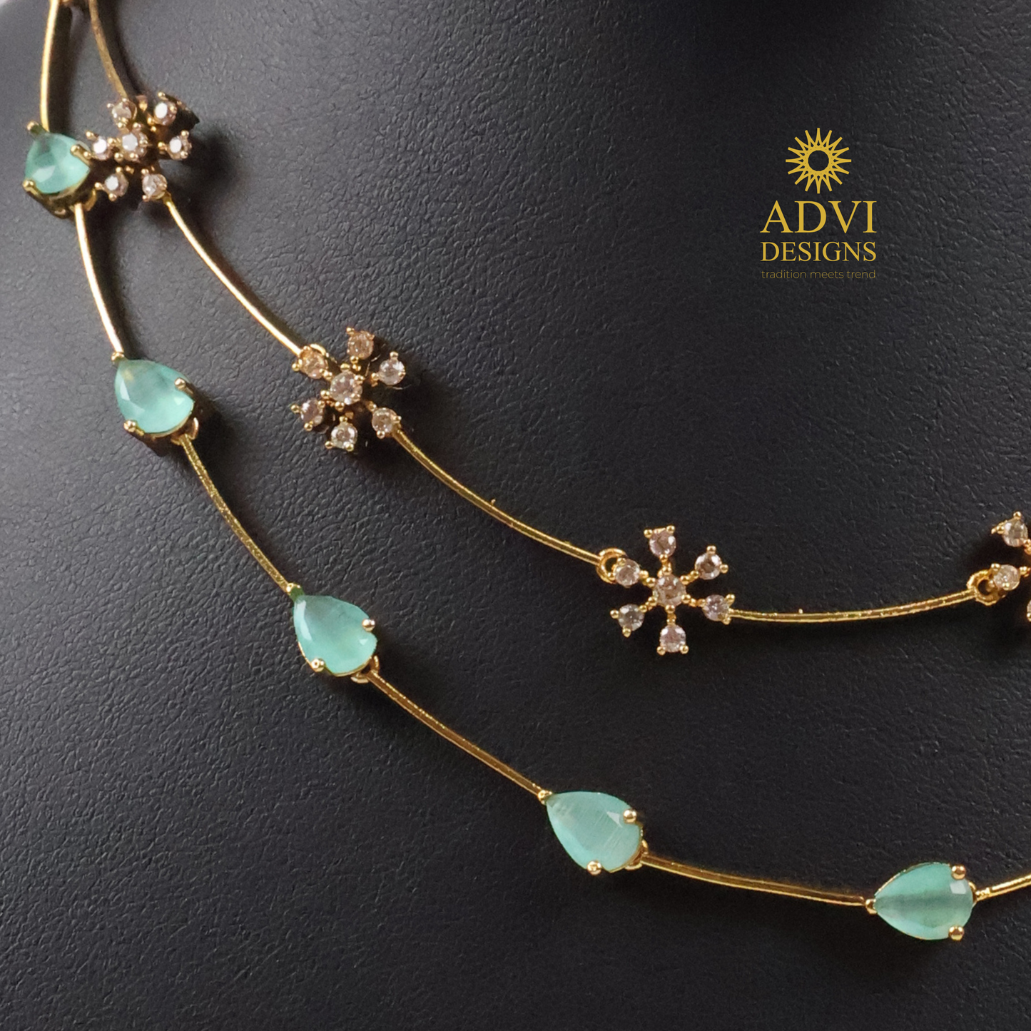 Dual Layer Aqua Blue AD Stone Floral Necklace Set with Matching Earrings