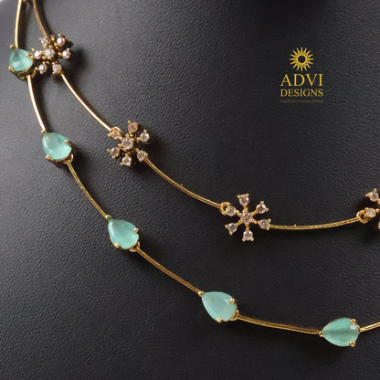 Dual Layer Aqua Blue AD Stone Floral Necklace Set with Matching Earrings