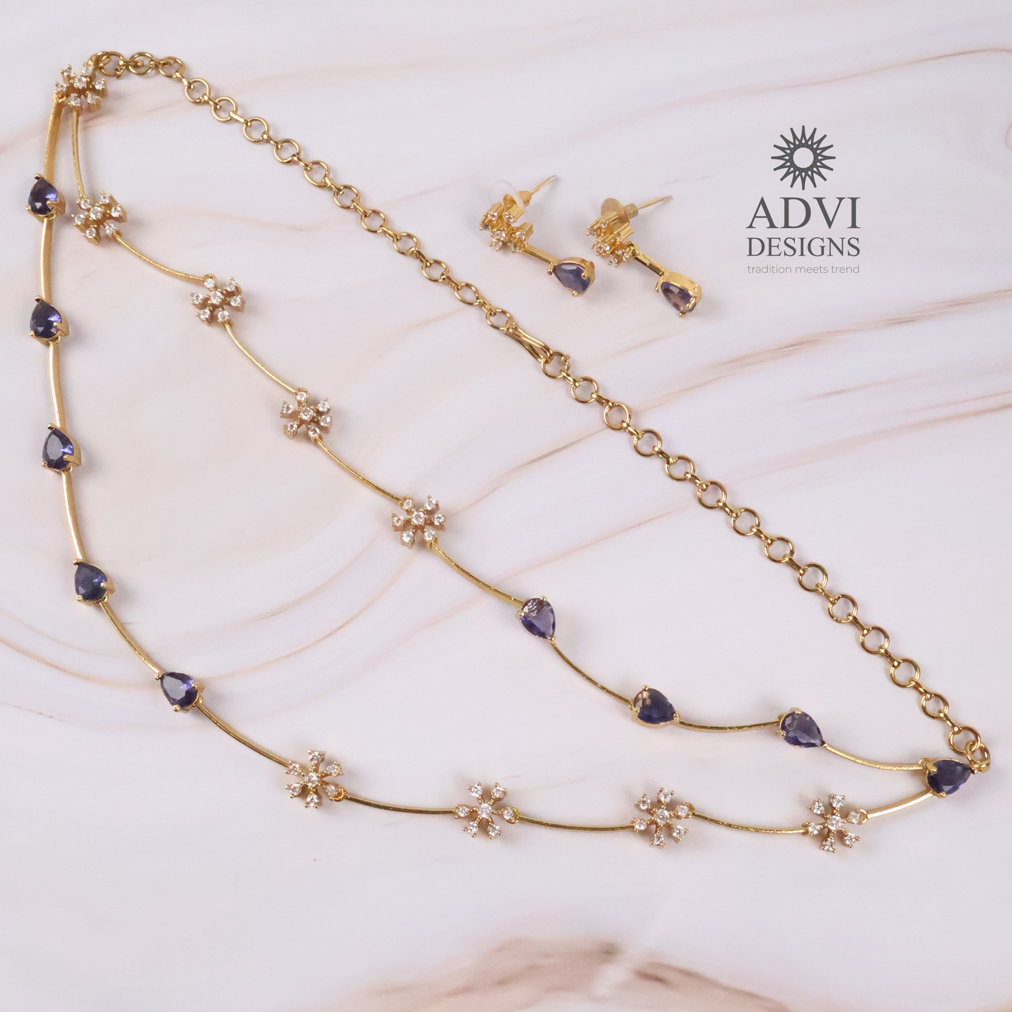 Dual Layer Violet AD Stone Floral Necklace Set with Matching Earrings
