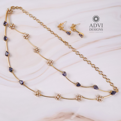 Dual Layer Violet AD Stone Floral Necklace Set with Matching Earrings