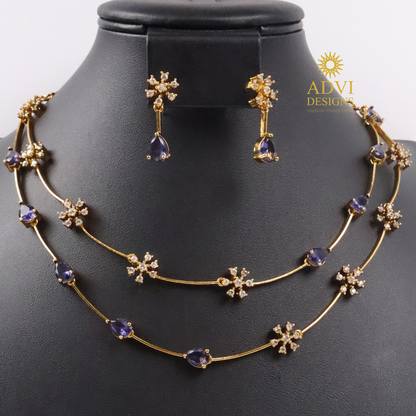 Dual Layer Violet AD Stone Floral Necklace Set with Matching Earrings