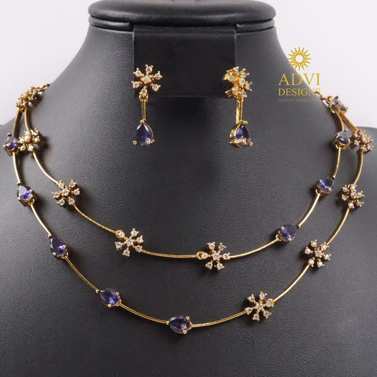 Dual Layer Violet AD Stone Floral Necklace Set with Matching Earrings