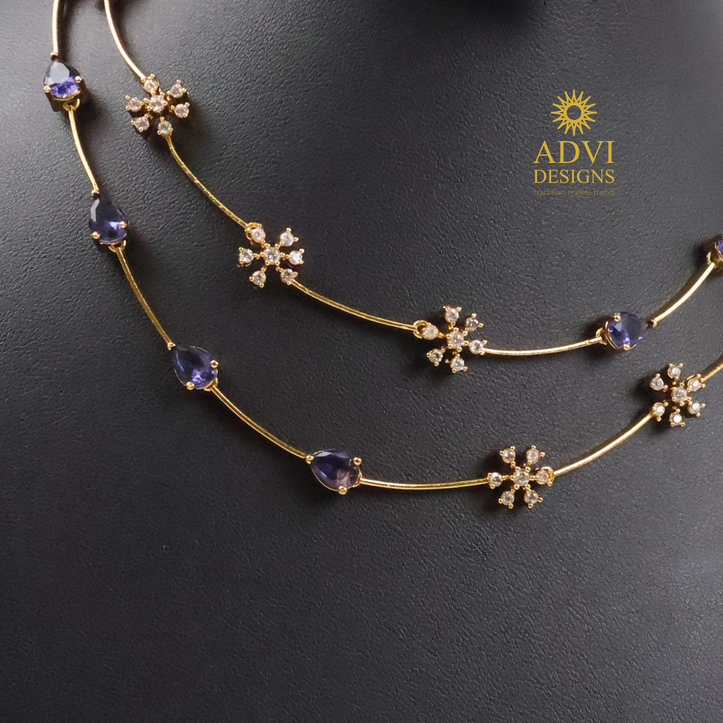Dual Layer Violet AD Stone Floral Necklace Set with Matching Earrings