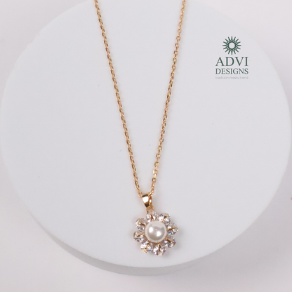 Elegant Pearl Flower Pendant Necklace with Sparkling AD Stones