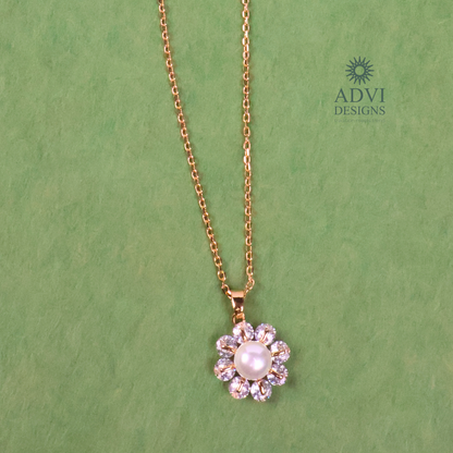 Elegant Pearl Flower Pendant Necklace with Sparkling AD Stones
