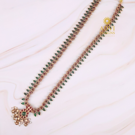 Long Green & Maroon Stone Haram Necklace Set with Pearl Drops