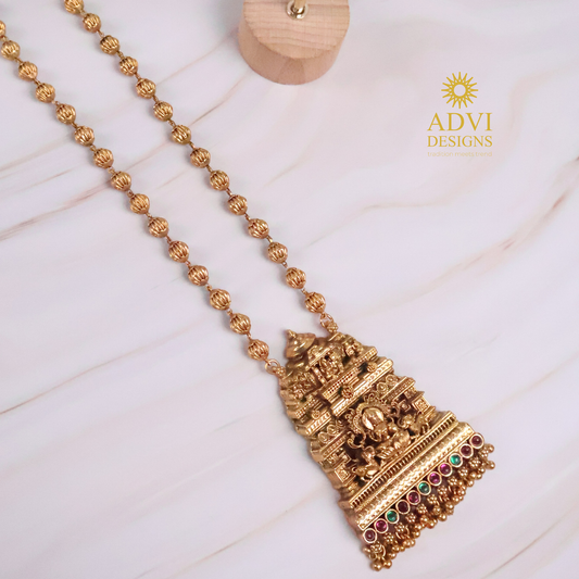 Long Temple Haram Necklace Set with Green & Pink Stones